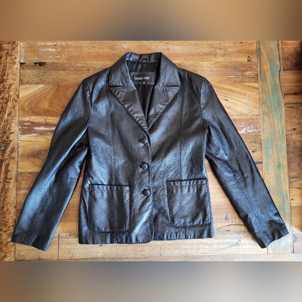 Oscar Piel Womens Med Long Sleeve Button Up Leather Jacket Black Grunge Moto B5
